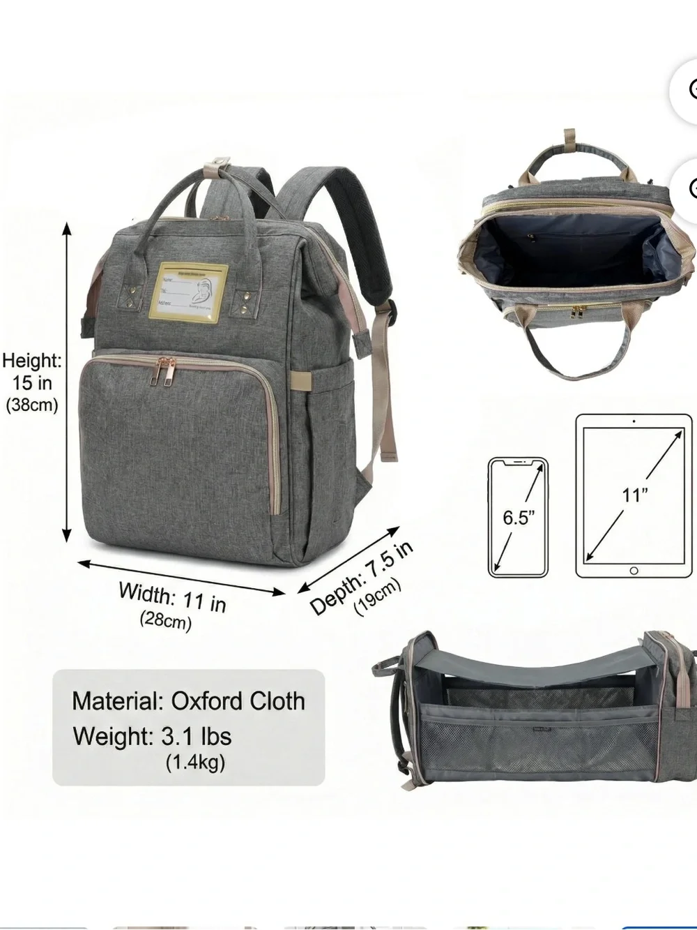 Modern Grey Oxford Diaper Bag with Blush Trim